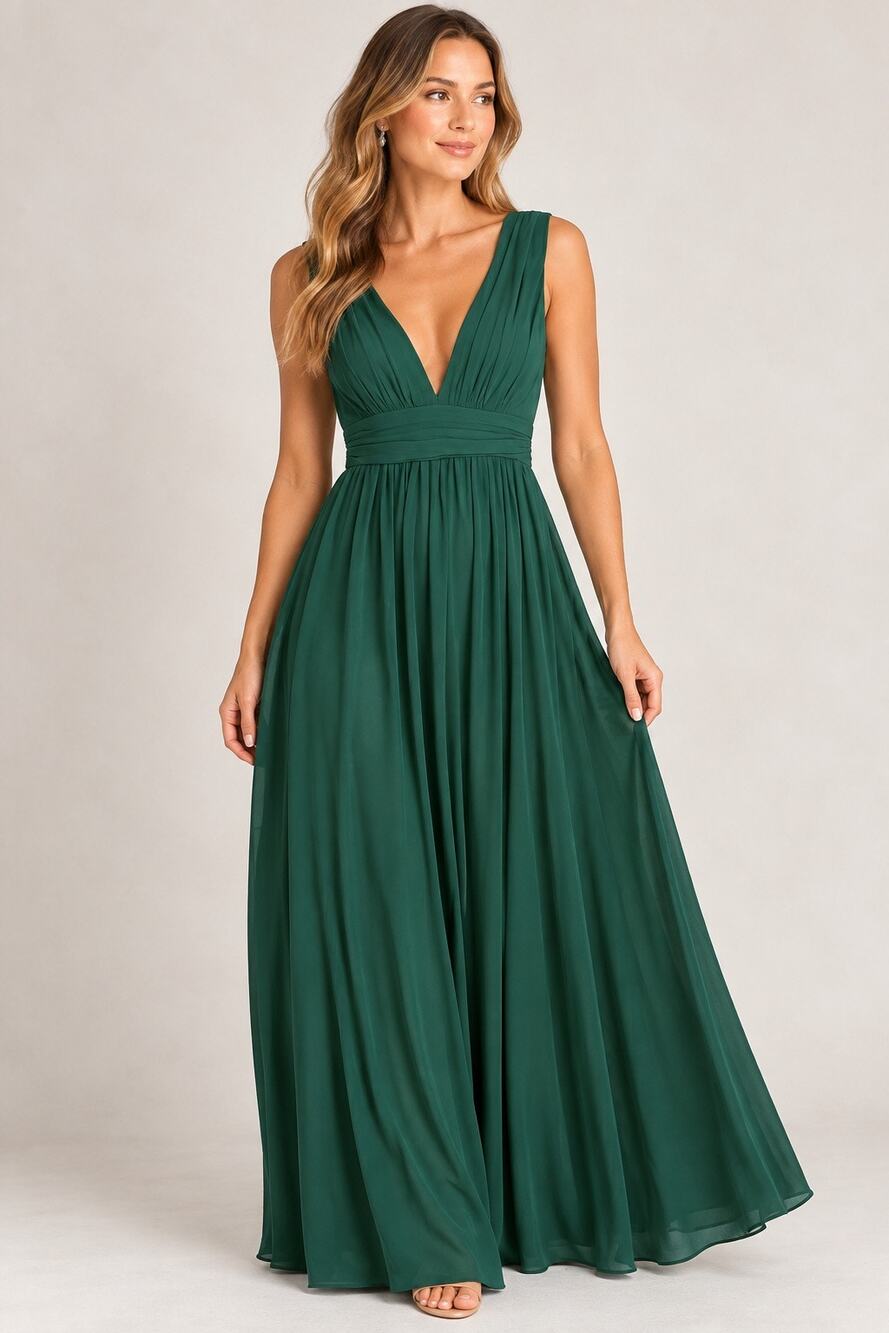 NWT Maniju Emerald Green Maxi Dress M Deep V Pleated Formal Bridesmaid Gown